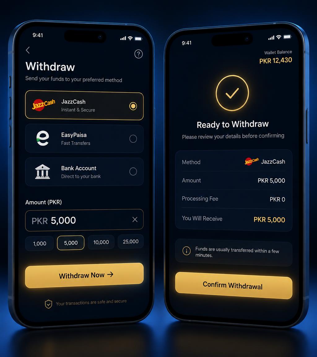 KFL mobile withdrawal screens